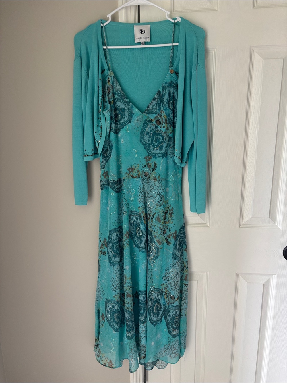 Sandra Darren Teal Paisley-Print Midi Dress with Teal Cardigan